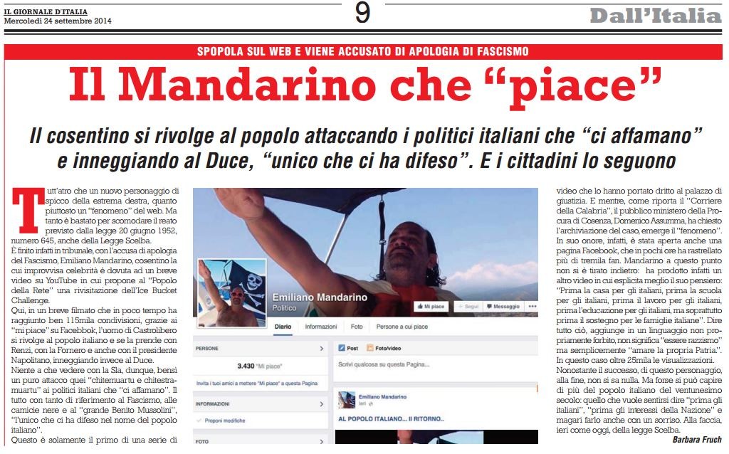 "Il Mandarino che piace" sul Giornale d'Italia della "Destra" di Storace