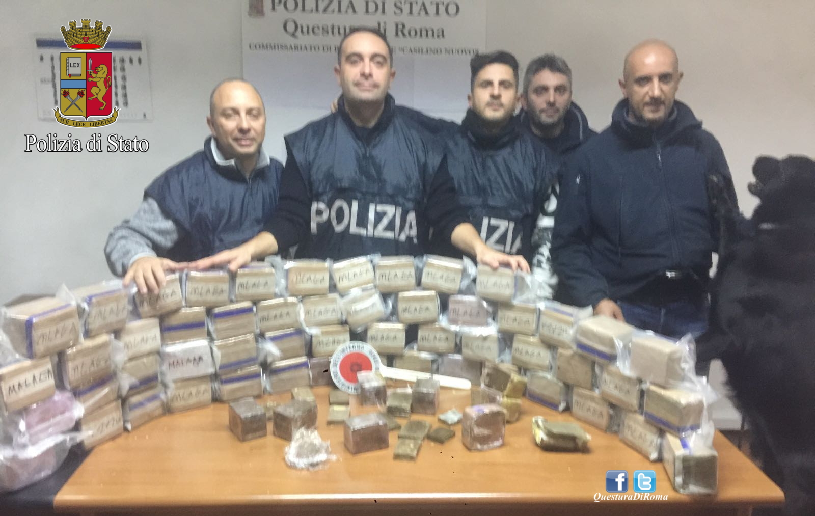 I Poliziotti del Commissariato Casilino con la droga sequestrata a Roma