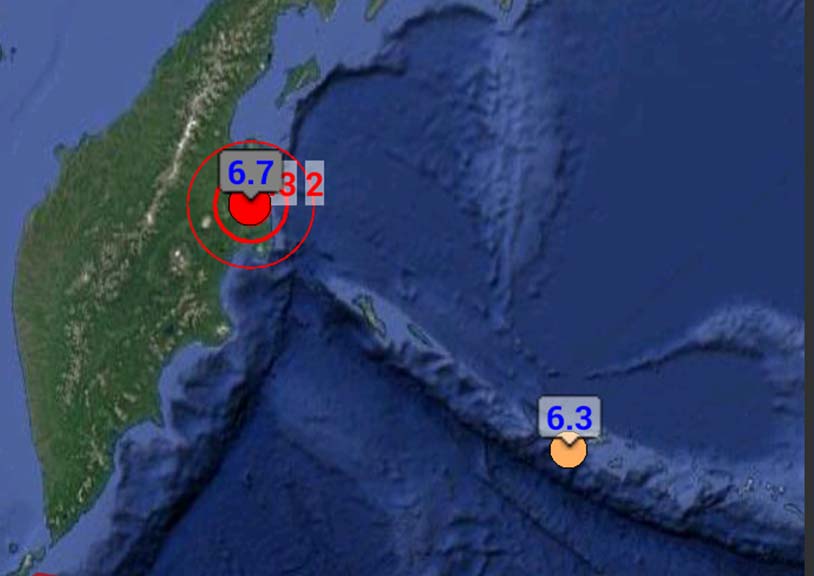 Col punto rosso il violento sisma nella penisola di Kamchatka, a nord-est della Russia 