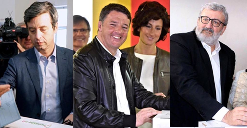 Da sinistra i tre candidati Orlando, Renzi e Emiliano