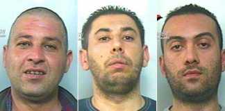 Da sinistra i tre presunti rapinatori: Giuseppe Gallo, Domenico Scandinaro e Antonio Barrese