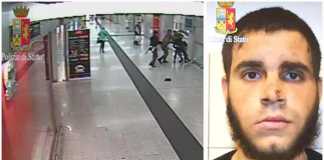 Un frame dell'aggressione a Milano. A destra Ismail Tommaso Hosni, arrestato e indagato per terrorismo
