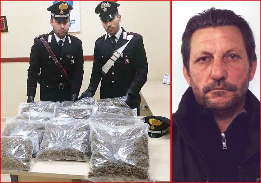 I carabinieri con la marijuana sequestrata. A destra l'arrestato Giuseppe Pace