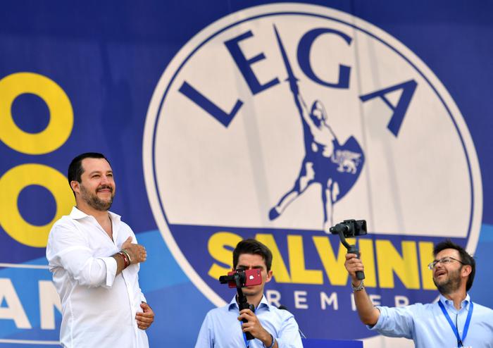 Il segretario della Lega e ministro dell'Interno Matteo Salvini al raduno della Lega a Pontida