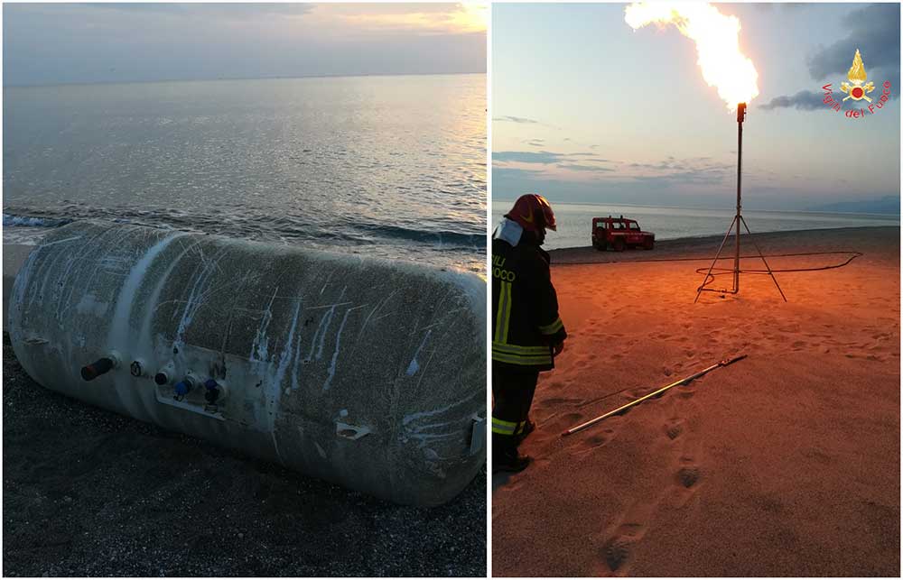 Torremezzo, bombolone di Gpl si arena sulla spiaggia. Messo in sicurezza