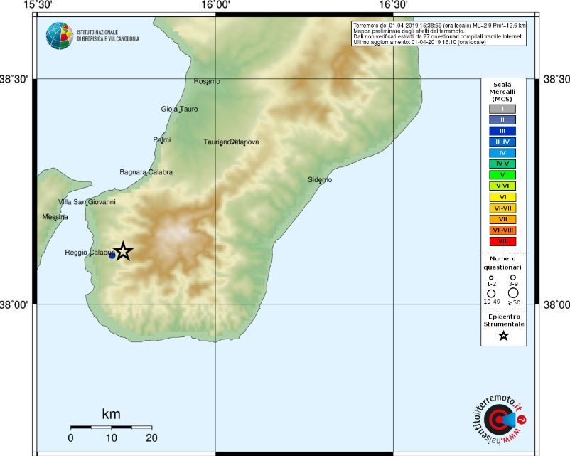 Scossa di terremoto magnitudo 2.9 a Reggio Calabria