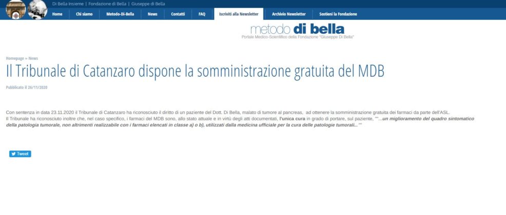 Cancro "sparito" dopo trattamento del Metodo Di Bella. Il Tribunale di Catanzaro ha riconosciuto che il MDB è oggi l'unica cura possibile